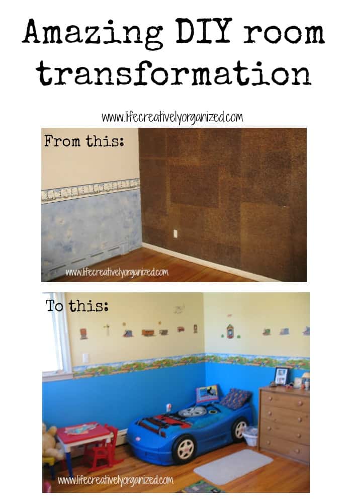 Amazing DIY room transformation by removing outdated cork from wall. Just removing the 70’s cork panels and re-painting gave this bedroom a fresh new look.