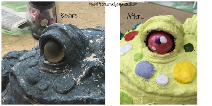 Update old lawn ornaments with paint to give them a whole new look! Closeup of painted eyes.