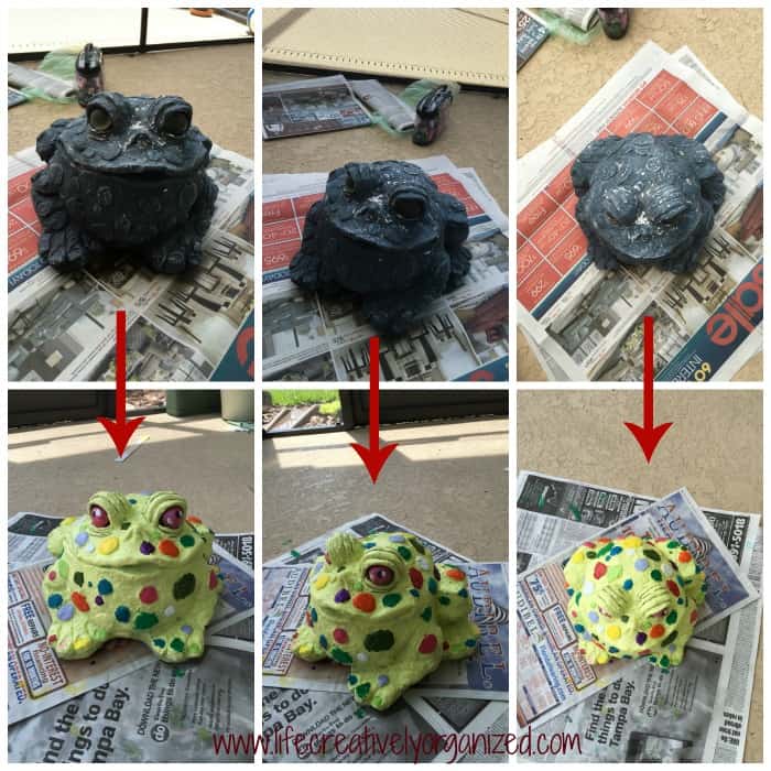 Mr. Toad before and after. Update old lawn ornaments with paint to give them a whole new look!