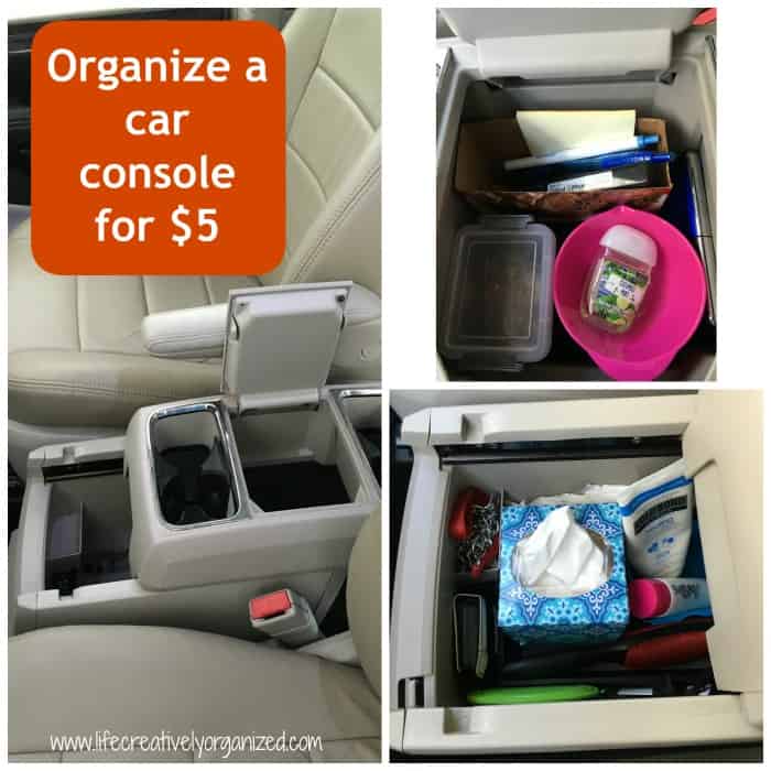 Switching to a new vehicle means finding new places for everything. Here is how to organize a car console for $5 using dollar store items & cardboard boxes!