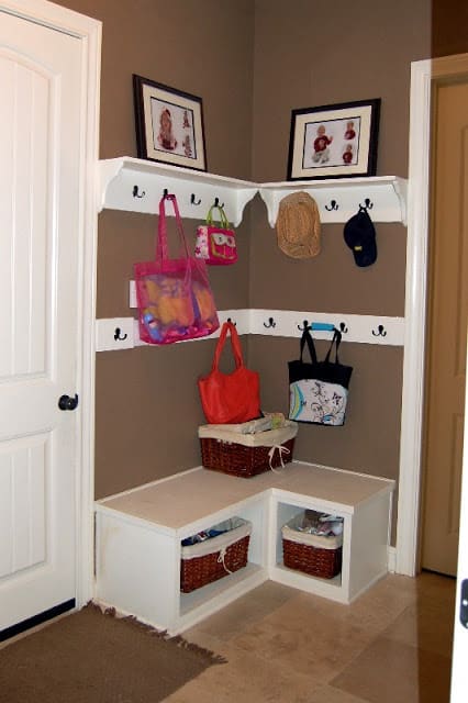 Entryway organization ideas – corner entryway storage.