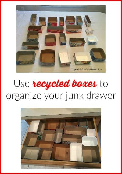 Organize your junk drawer with recycled boxes! An easy way to re-organize a junk drawer without spending any extra money and do some recycling, to boot!
