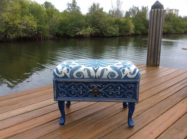 repurposed-drawer-to-vintage-blue-ottoman-painted-furniture-repurposing-upcycling-reupholster